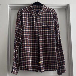 Patagonia Size L Men's Casual Plaid Shirt - Navy and Orange